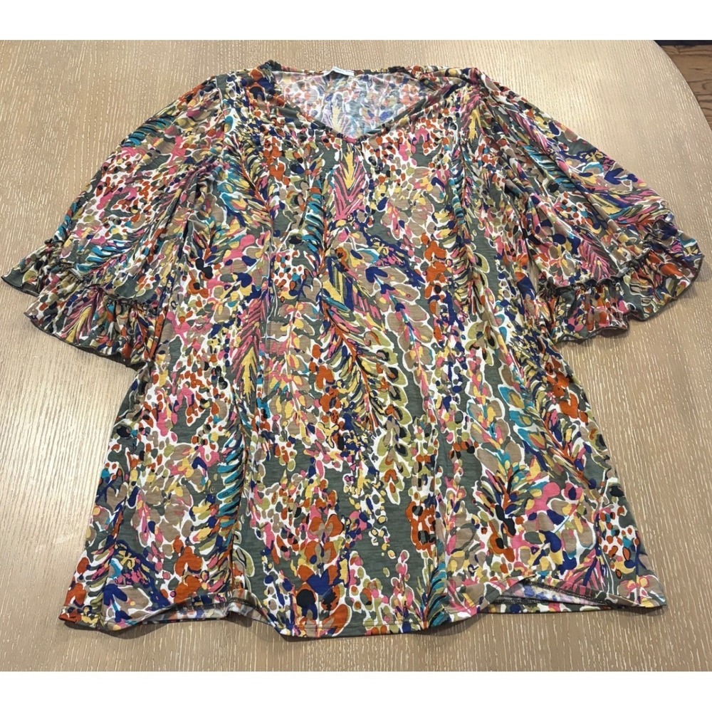 Jodifl Women's Small Multicolor Floral Ruffle Bell Sleeve Tunic Blouse Top EUC